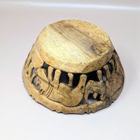 1980s Hand Carved Wood Safari Animal Bowl and Utensils Set
