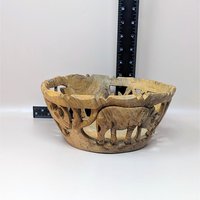 1980s Hand Carved Wood Safari Animal Bowl and Utensils Set