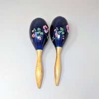 1980s Hand Painted Floral Wooden Maracas Pair