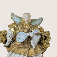1990s Fabric Mache Gold Lute Angel Christmas Figurine