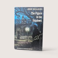 An illustrated book cover showing a cloaked shadow figure near a streetlamp and a spooky mansion on a plain background