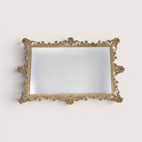 A large antique rectangular vanity tray featuring an ornate gold metal filigree border frame and a mirrored glass surface.