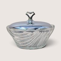 Vintage clear swirl glass vanity dish with a fitted silver chrome lid topped with a geometric handle.