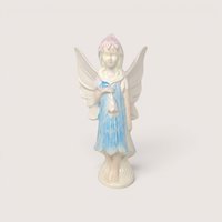 A vintage hand-painted ceramic fairy figurine with large white wings, a blue dress, and iridescent pastel hair.