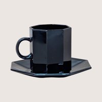 1980s Arcoroc France Octime Black Glass Demitasse Cup and Saucer Set of 4