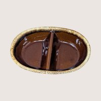 1970s Hull Pottery Brown Drip Divided Casserole Dish