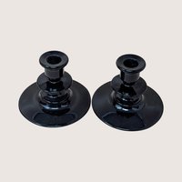 1940s LE Smith Black Amethyst Glass Candle Holders Pair