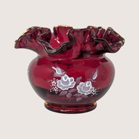 1970s Fenton Ruby Red Hand Painted Ruffled Rose Bowl Vase