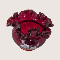 1970s Fenton Ruby Red Hand Painted Ruffled Rose Bowl Vase
