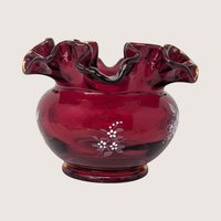 1970s Fenton Ruby Red Hand Painted Ruffled Rose Bowl Vase