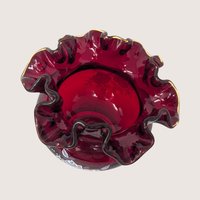 1970s Fenton Ruby Red Hand Painted Ruffled Rose Bowl Vase