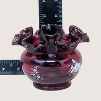 1970s Fenton Ruby Red Hand Painted Ruffled Rose Bowl Vase