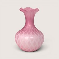 Vintage Murano pink diamond quilt art glass vase with white latticino pattern and original foil label.