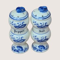 1970s Watkins Blue Onion Ceramic Salt and Pepper Shakers Pair