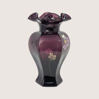 1990s Fenton Mulberry Glass Hand Painted Ruffled Vase