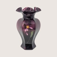 1990s Fenton Mulberry Glass Hand Painted Ruffled Vase