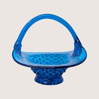 1960s Fenton Colonial Blue Hobnail Glass Basket with Applied Handle