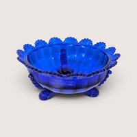 Mosser Glass Cobalt Blue Pressed Glass Footed Bowl. Measures about 4" in height by 8" wide. Excellent condition.