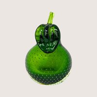 1970s Murano Bullicante Green Glass Pear Paperweight
