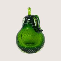 1970s Murano Bullicante Green Glass Pear Paperweight