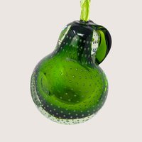 1970s Murano Bullicante Green Glass Pear Paperweight