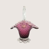 1960s Fenton Cranberry Glass Diamond Lace Basket