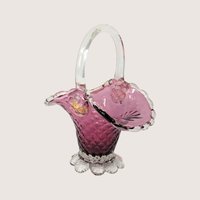 1960s Fenton Cranberry Glass Diamond Lace Basket