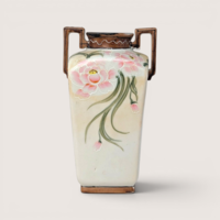Hand painted porcelain vase featuring large pink blossoms trailing green leaves and two geometric handles on a solid background.