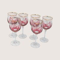 1960s Cranberry Cut to Clear Gold Rim Wine Glasses