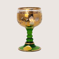 1960s Bohemian Green Glass Hand Painted Cordial Set