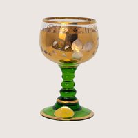 1960s Bohemian Green Glass Hand Painted Cordial Set