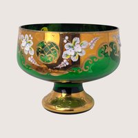 1960s Bohemian Green Glass Hand Painted Cordial Set