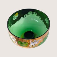 1960s Bohemian Green Glass Hand Painted Cordial Set