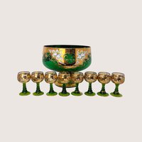 1960s Bohemian Green Glass Hand Painted Cordial Set