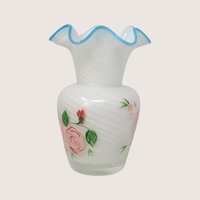 1970s Fenton Hand Painted Roses Opalescent Swirl Glass Vase