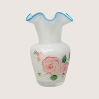 1970s Fenton Hand Painted Roses Opalescent Swirl Glass Vase