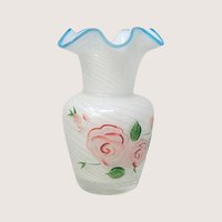1970s Fenton Hand Painted Roses Opalescent Swirl Glass Vase