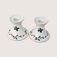 1960s Lefton Holly Berry Ceramic Candlestick Holder Pair