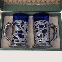 1950s Japanese Silver Plated Cobalt Glass Dragon Tankards Pair
