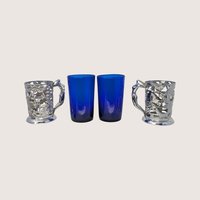 1950s Japanese Silver Plated Cobalt Glass Dragon Tankards Pair