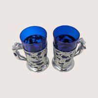 1950s Japanese Silver Plated Cobalt Glass Dragon Tankards Pair
