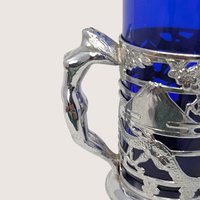 1950s Japanese Silver Plated Cobalt Glass Dragon Tankards Pair