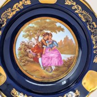 1950 Limoges Cobalt Blue Porcelain Ashtray Romantic Scene