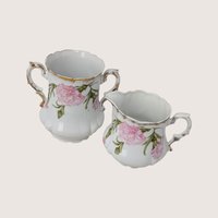 Antique Royal Bavarian PM Porcelain Pink Floral Sugar Bowl and Creamer Set 