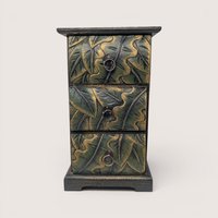 1990s Carved Wooden Botanical Three Drawer Jewelry Box