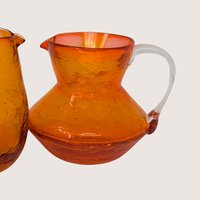 1960s Mid Century Orange Crackle Glass Cream and Sugar Set