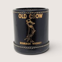 Vintage black faux leather Old Crow Bourbon Whiskey dice cup with gold embossed dapper crow logo.