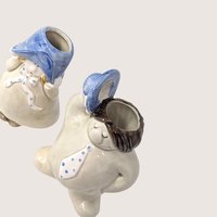 Vintage 1970s Fitz And Floyd Ceramic Hats Off Figural Bud Vase Pair