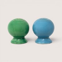 Vintage Fiesta ball salt and pepper shaker set in green and turquoise ceramic glazes.