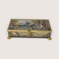 Vintage Jamin metal candy tin featuring a Renaissance scene lid and faux marble sides with gold feet.